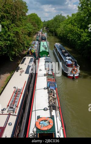 Blick auf ein Schmalboot, das an einer großen Anzahl von festgetäuten Booten auf dem Grand Union Canal in der Nähe von Crick in Northamptonshire vorbeifährt. Stockfoto