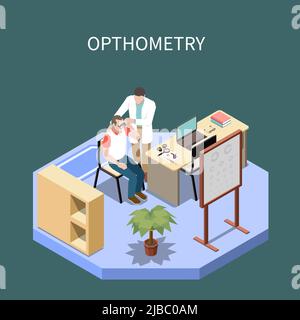 Ophthalmologische isometrische Zusammensetzung mit optometrischen Kontrollaugen des männlichen Patienten 3D Vektordarstellung Stock Vektor