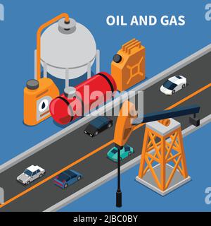 Öl- und Gasindustrie isometrische Zusammensetzung mit Rig Kanister Autos 3D Vektor-Illustration Stock Vektor