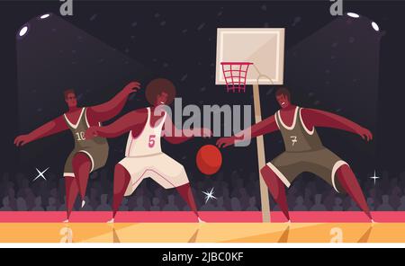 Sommer Sport Basketball Komposition mit Innenansicht der Arena und afroamerikanischen Spieler mit Fan Silhouetten Vektor-Illustration Stock Vektor