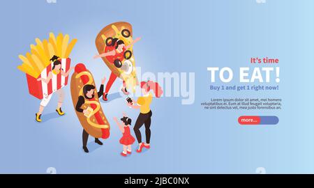 Fastfood Café Restaurant Bars online bestellen Promotion isometrische horizontale Web-Banner mit Pizza Hotdog Verkäufer Vektor Illustration Stock Vektor