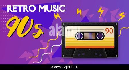 Realistische vintage Musik horizontale Poster Komposition mit Bild der Kassette 90s Silhouette Formen und editierbaren Text Vektor Illustration Stock Vektor