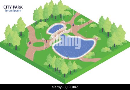 Isometrische Stadtpark Zusammensetzung mit Wald Fluss und Bänke ein Ort, wo man Vektor-Illustration gehen können Stock Vektor