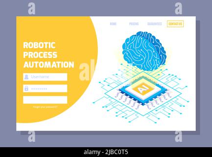 Robotische Prozessautomatisierung isometrische Website Login-Seite mit anklickbaren Links Bilder von Prozessor und Gehirn Vektor Illustration Stock Vektor