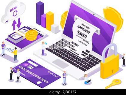 Online-Zahlung isometrische konzeptuelle Zusammensetzung mit kleinen Menschen und Symbole der Schlüssel Geld mit elektronischen Gadgets Vektor-Illustration Stock Vektor