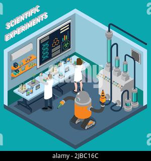 Zwei Wissenschaftler arbeiten im Labor mit Roboter und verschiedenen Geräten 3D isometrische Vektor-Illustration Stock Vektor