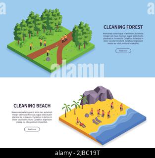 Zwei isometrische Müll horizontale Banner-Set mit Reinigung Wald und Reinigung Strand Schlagzeilen Vektor-Illustration Stock Vektor