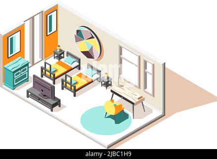 Hostel isometrische Zusammensetzung der Gästezimmer Interieur mit zwei Betten tv Brust und Couchtisch Vektor-Illustration Stock Vektor