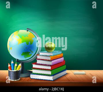 Zurück zur Schule Hintergrund mit Büchern Bleistifte Topf Globus auf Tisch im Klassenzimmer realistische Vektor-Illustration Stock Vektor