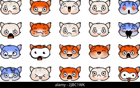 Verschiedene Cartoon Kitten Set. Doodle Gesichter, Augen und Mund. Karikatur Comic ausdrucksstarke Emotionen, lächelnd, weinend und überrascht Charakter Gesicht expressio Stock Vektor