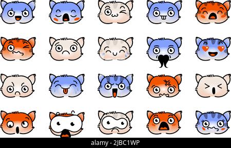 Verschiedene Cartoon Kitten Set. Doodle Gesichter, Augen und Mund. Karikatur Comic ausdrucksstarke Emotionen, lächelnd, weinend und überrascht Charakter Gesicht expressio Stock Vektor