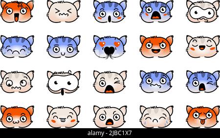 Verschiedene Cartoon Kitten Set. Doodle Gesichter, Augen und Mund. Karikatur Comic ausdrucksstarke Emotionen, lächelnd, weinend und überrascht Charakter Gesicht expressio Stock Vektor