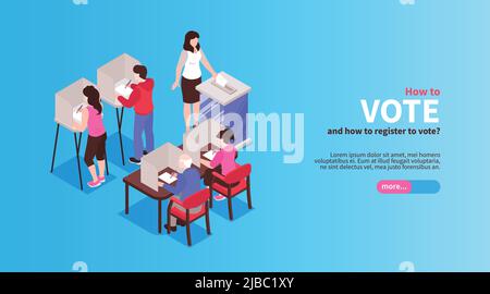 Isometrisches horizontales Wahlbanner mit editierbarer Textschaltfläche und menschlichen Charakteren von Wählern mit Vektorgrafik für Stimmzettel Stock Vektor