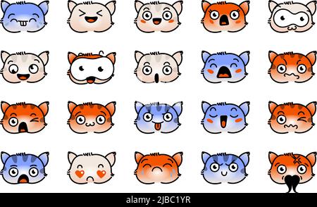 Verschiedene Cartoon Kitten Set. Doodle Gesichter, Augen und Mund. Karikatur Comic ausdrucksstarke Emotionen, lächelnd, weinend und überrascht Charakter Gesicht expressio Stock Vektor