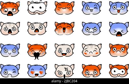 Verschiedene Cartoon Kitten Set. Doodle Gesichter, Augen und Mund. Karikatur Comic ausdrucksstarke Emotionen, lächelnd, weinend und überrascht Charakter Gesicht expressio Stock Vektor