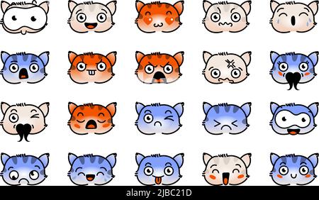 Verschiedene Cartoon Kitten Set. Doodle Gesichter, Augen und Mund. Karikatur Comic ausdrucksstarke Emotionen, lächelnd, weinend und überrascht Charakter Gesicht expressio Stock Vektor