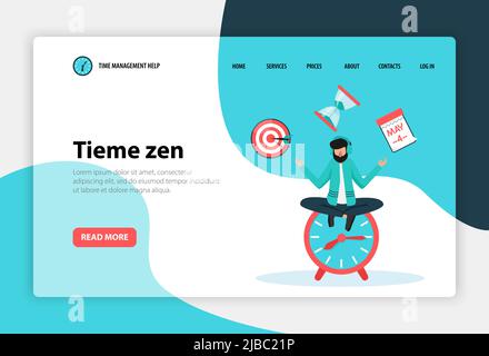 Zeitmanagement-Konzept flaches Web Landing Page Banner mit Mitarbeiter in Yoga-Pose auf Uhr Vektor-Illustration Stock Vektor