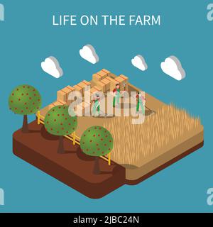 Das Leben auf dem Bauernhof isometrische Zusammensetzung mit landwirtschaftlichen Arbeitern in Heuwirtschaft auf rustikalen Landschaft Hintergrund Vektor engagiert Illustration Stock Vektor