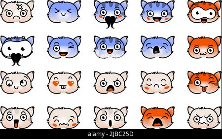 Verschiedene Cartoon Kitten Set. Doodle Gesichter, Augen und Mund. Karikatur Comic ausdrucksstarke Emotionen, lächelnd, weinend und überrascht Charakter Gesicht expressio Stock Vektor