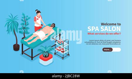 Isometrisches Beauty Salon horizontales Banner mit Schiebereglertext und Bildern von Spa-Behandlung mit Menschen Vektor-Illustration Stock Vektor