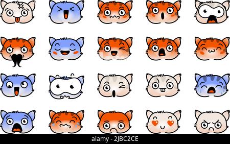 Verschiedene Cartoon Kitten Set. Doodle Gesichter, Augen und Mund. Karikatur Comic ausdrucksstarke Emotionen, lächelnd, weinend und überrascht Charakter Gesicht expressio Stock Vektor