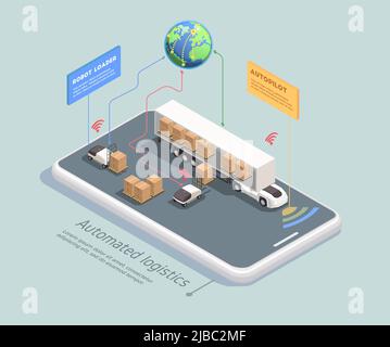 Transport isometrisches Konzept mit ferngesteuerten Robotern Ladung in LKW mit Autopilot laden 3D Vektor-Illustration Stock Vektor