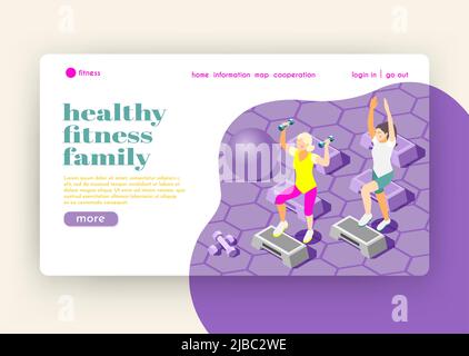 Gesunde Familienfitness isometrische Landing Page mit weiblichen Charakteren, die Übungen in der Turnhalle machen flache Vektor-Illustration Stock Vektor