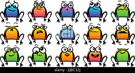 Verschiedene Cartoon Frösche Set. Doodle Gesichter, Augen und Mund. Karikatur Comic expressive Emotionen, lächeln, weinen und überrascht Charakter Gesichtsausdruck Stock Vektor
