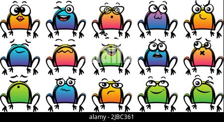 Verschiedene Cartoon Frösche Set. Doodle Gesichter, Augen und Mund. Karikatur Comic expressive Emotionen, lächeln, weinen und überrascht Charakter Gesichtsausdruck Stock Vektor