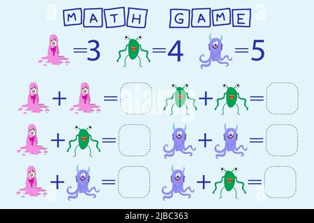 Zählen Spiel mit Monstern. Arbeitsblatt für Vorschulkinder, Aktivitätsblatt für Kinder, druckbares Arbeitsblatt Stockfoto