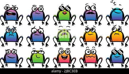 Verschiedene Cartoon Frösche Set. Doodle Gesichter, Augen und Mund. Karikatur Comic expressive Emotionen, lächeln, weinen und überrascht Charakter Gesichtsausdruck Stock Vektor