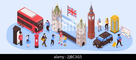 England isometrische schmale Abbildung mit Hauptstadt Wahrzeichen Retro-Transport und nationalen Land Symbole Vektor-Illustration Stock Vektor