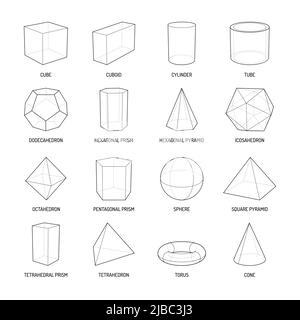 Grundlegende Stereometrie formt Linienreihe aus cuboiden Oktaeder Pyramide Prisma Würfel Kegelzylinder Torus isolierte Vektor-Illustration Stock Vektor