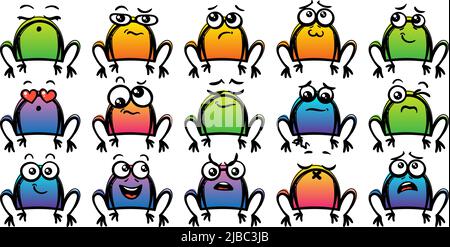Verschiedene Cartoon Frösche Set. Doodle Gesichter, Augen und Mund. Karikatur Comic expressive Emotionen, lächeln, weinen und überrascht Charakter Gesichtsausdruck Stock Vektor