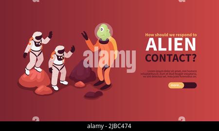 Alien Contact isometrisches horizontales Banner mit zwei Astronauten freundlich grüßenden Alien Kreatur auf unbekannten Planeten Vektor-Illustration Stock Vektor