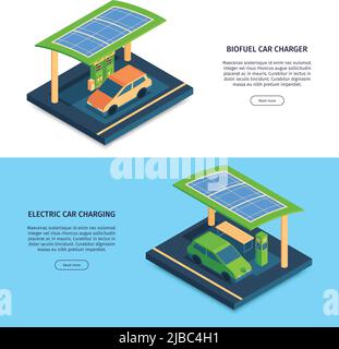 Isometrische grüne Energie horizontale Banner mit bearbeitbarem Text mit Tasten und Elektroautos auf Ladung Vektor-Illustration gesetzt Stock Vektor