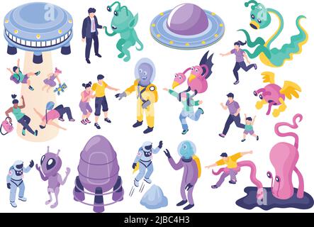 UFO und Aliens Cartoon-Set von fantastischen monströsen Zeichen Jagd Kinder und Erwachsene isoliert Vektor-Illustration Stock Vektor