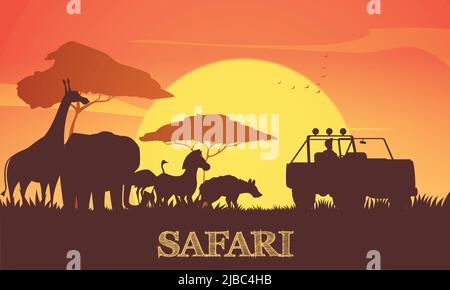 Schöne afrikanische Sonnenuntergang Safari Hintergrund Poster mit Giraffe Elefant Zebra Akazien und Jeep Silhouetten Vektor Illustration Stock Vektor