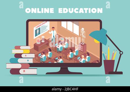 Online-Bildungsdesign-Konzept mit Bild auf pc-Monitor zeigt Lehrer Durchführung der Lektion im Klassenzimmer isometrische Vektor-Illustration Stock Vektor