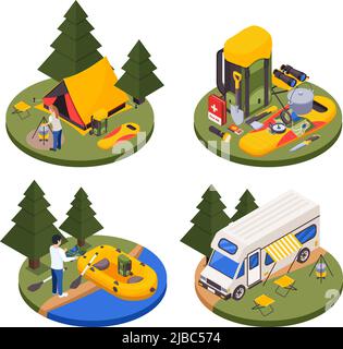 Camping Wandern touristische isometrische Satz von vier runden Plattformen mit Outfoor Kompositionen Bäume Zelte und Menschen Vektor Illustration Stock Vektor