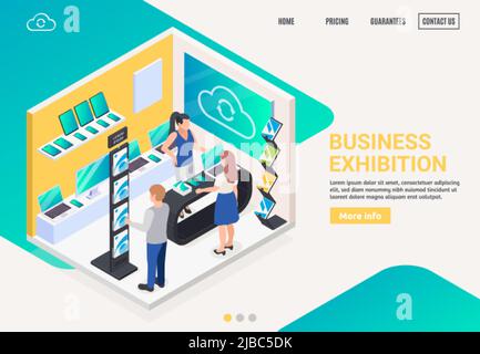 Moderne Unternehmen innovative elektronische Produkte Förderung Stand Display bieten isometrische Zusammensetzung Website Landing Page Banner Vektor Illustration Stock Vektor