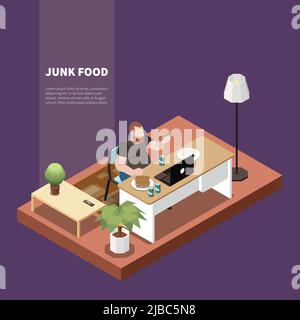 Völlerei isometrisches Konzept mit Mann essen Junk-Food und arbeiten auf Laptop 3D Vektor-Illustration Stock Vektor