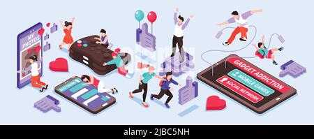 Gadget sucht isometrische schmale Reihe mit sozialen Netzwerk und Spiele Symbole isoliert Vektor-Illustration Stock Vektor