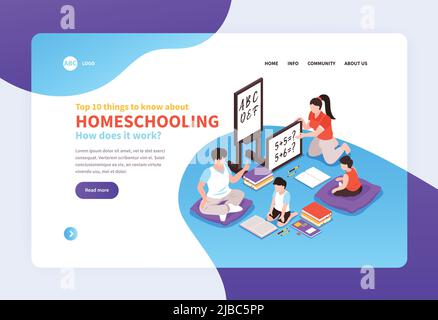 Home Schule isometrische Seite Design mit Online-Bildung Symbole Vektor-Illustration Stock Vektor