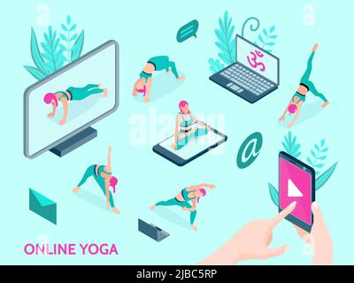 Online Yoga isometrische Symbole mit Menschen, die Übungen mit Video in Smartphone und Computer isoliert Vektor-Illustration Stock Vektor