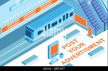 Werbung im Metro-Hintergrund mit Überschrift auf Bahnhofssymbolen isometrische Vektordarstellung Stock Vektor