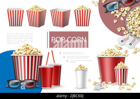 Realistische Popcorn-Elemente Zusammensetzung mit Papiertüten und Eimern von Popcorn-Soda-Tassen Kinokarten und 3D Gläser Vektor-Illustration Stock Vektor