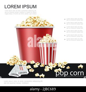 Realistisches Kino farbenfrohes Poster mit Kinokarten und Papiereimer Popcorn Vektorgrafik Stock Vektor