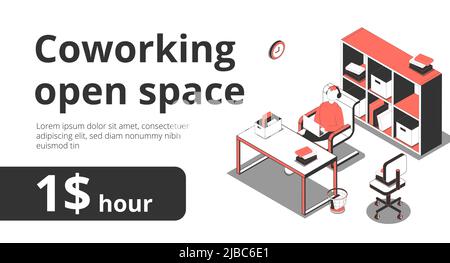Coworking Open Space Banner Hintergrund mit editierbarem Text und isometrischen Bildern des Arbeitsbereichs mit Schrank Racks Vektordarstellung Stock Vektor