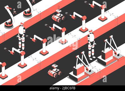 Industrielle intelligente Fertigung isometrische Zusammensetzung mit Montagelinie autonom programmierten Humanoide und ferngesteuerten Roboter Vektor-illu Stock Vektor